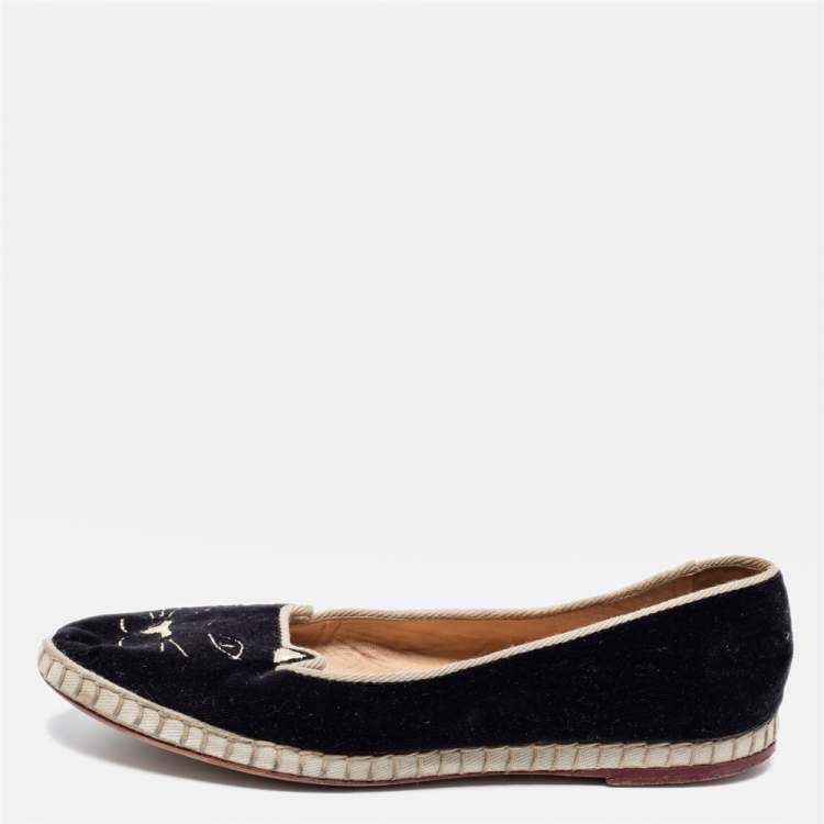 Pre Owned Charlotte Olympia Black Velvet Kitty Slip On Flats Size 38