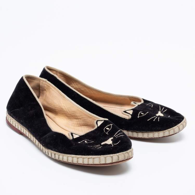 Pre Owned Charlotte Olympia Black Velvet Kitty Slip On Flats Size 38