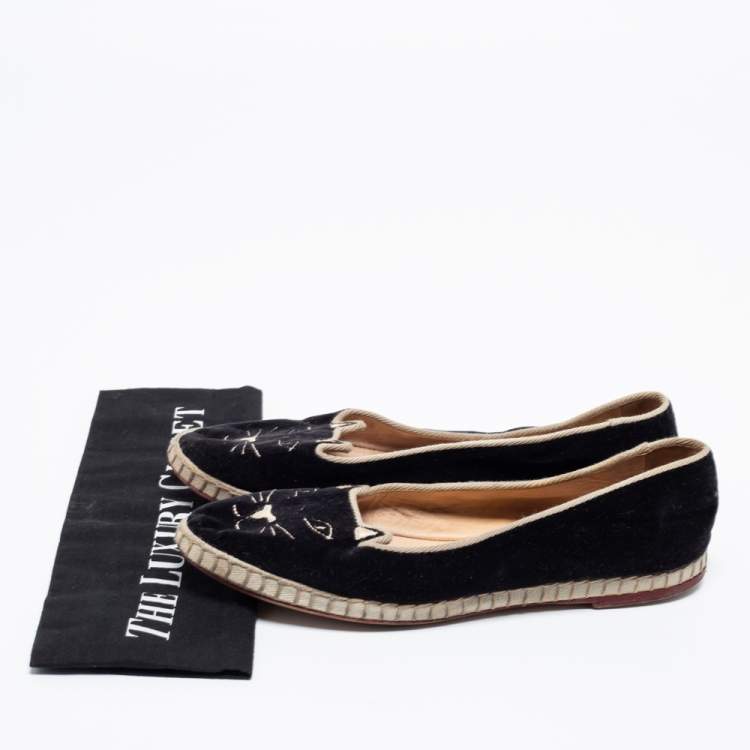 Pre Owned Charlotte Olympia Black Velvet Kitty Slip On Flats Size 38