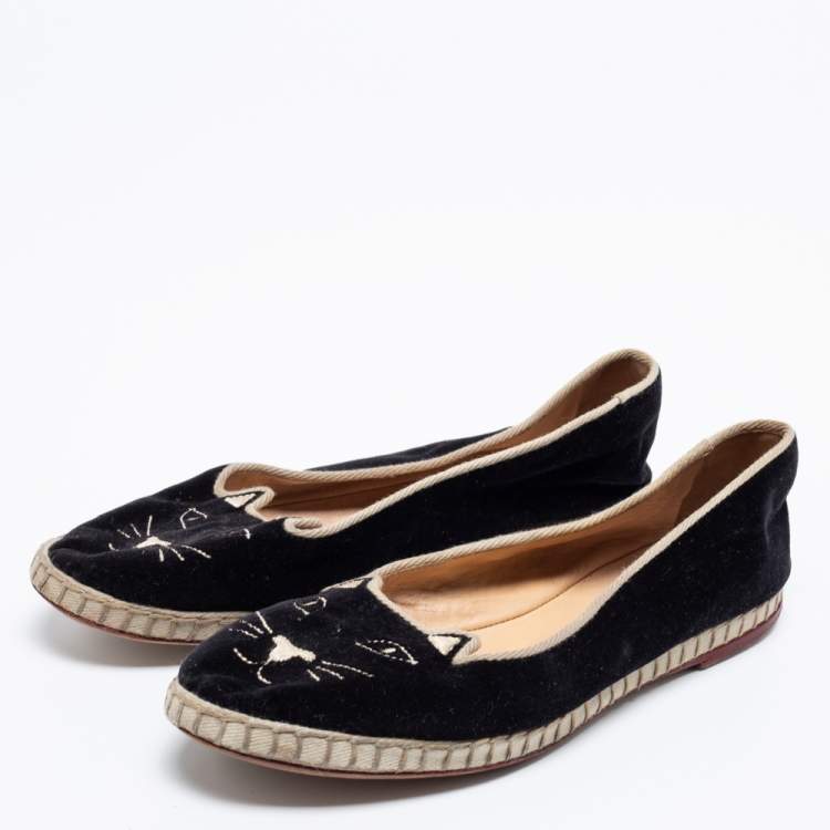 Pre Owned Charlotte Olympia Black Velvet Kitty Slip On Flats Size 38