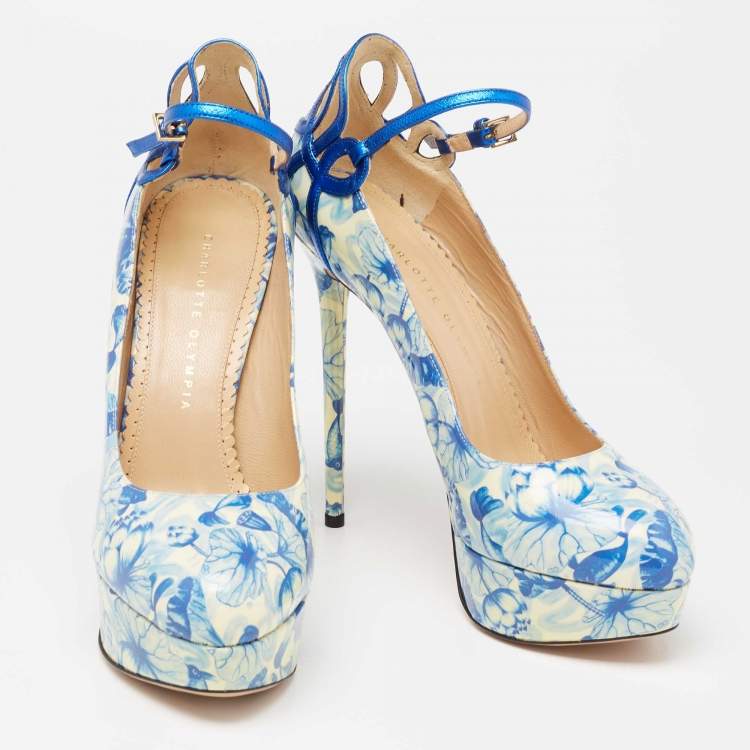 Pre Owned Charlotte Olympia Blue/White Ming Koi Carp Print Patent Leather Ankle Strap Pumps 39
