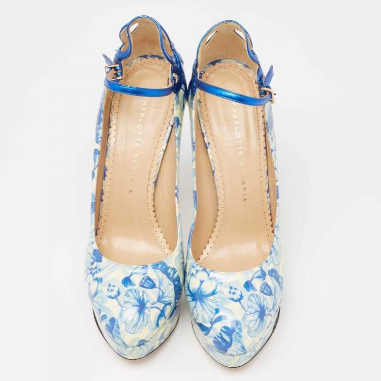 Pre Owned Charlotte Olympia Blue/White Ming Koi Carp Print Patent Leather Ankle Strap Pumps 39