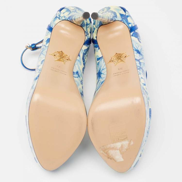 Pre Owned Charlotte Olympia Blue/White Ming Koi Carp Print Patent Leather Ankle Strap Pumps 39