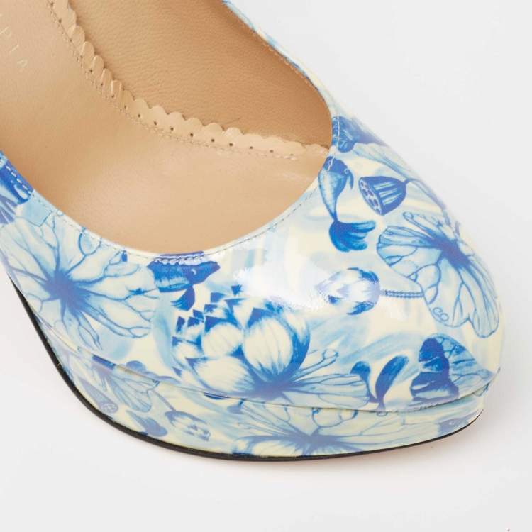 Pre Owned Charlotte Olympia Blue/White Ming Koi Carp Print Patent Leather Ankle Strap Pumps 39