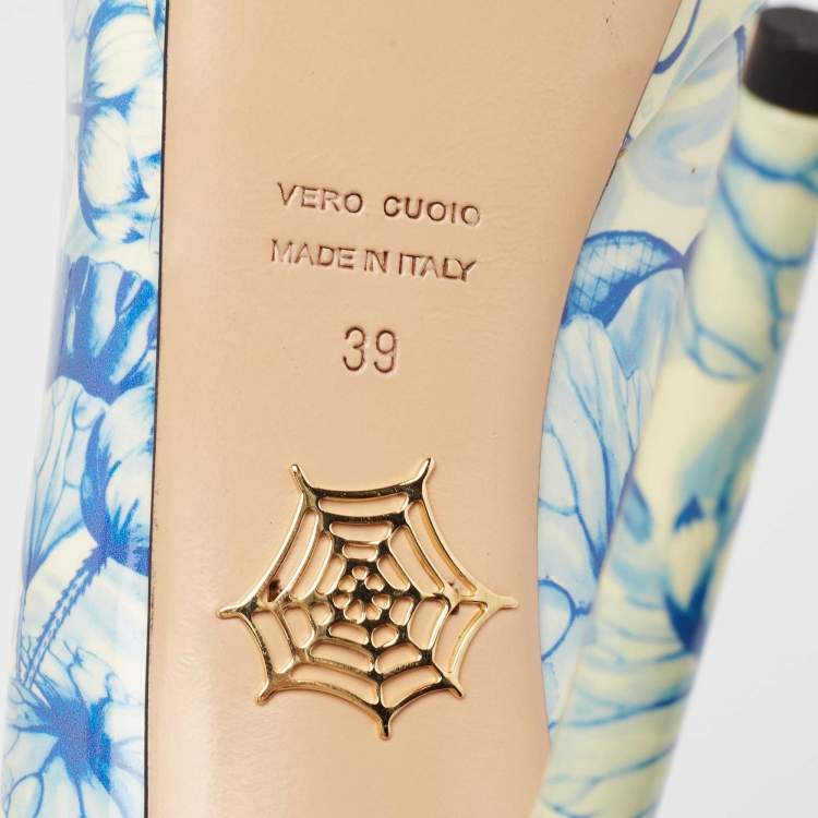 Pre Owned Charlotte Olympia Blue/White Ming Koi Carp Print Patent Leather Ankle Strap Pumps 39