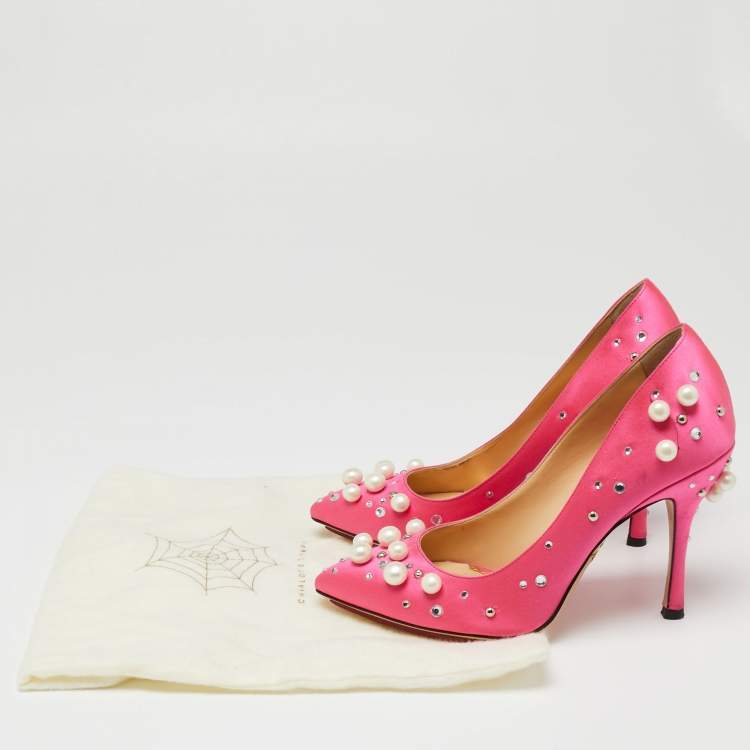 Pre Owned Charlotte Olympia Pink Satin Crystal Pearl Embellished Bacall  Pumps Size 36