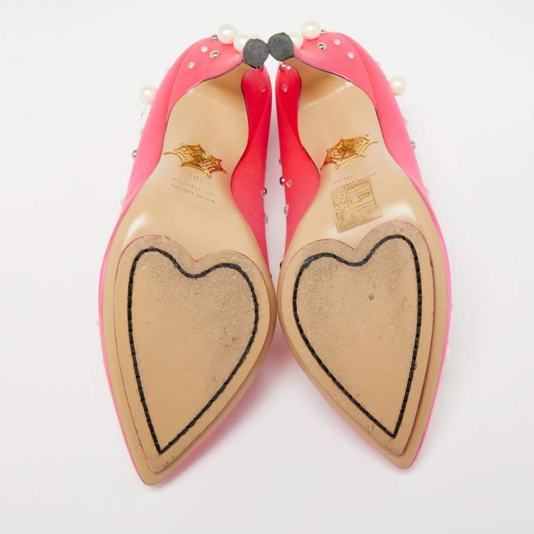 Pre Owned Charlotte Olympia Pink Satin Crystal Pearl Embellished Bacall  Pumps Size 36