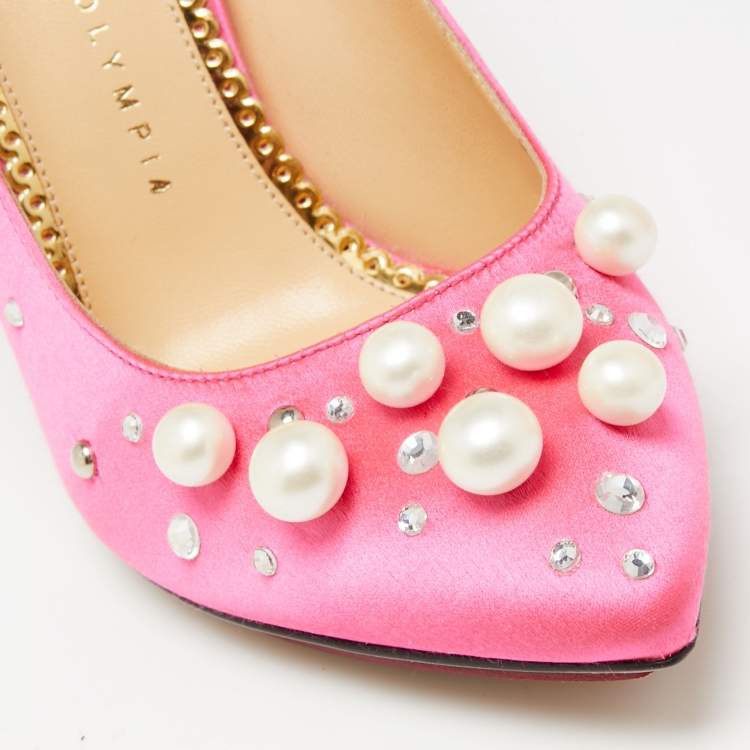 Pre Owned Charlotte Olympia Pink Satin Crystal Pearl Embellished Bacall  Pumps Size 36