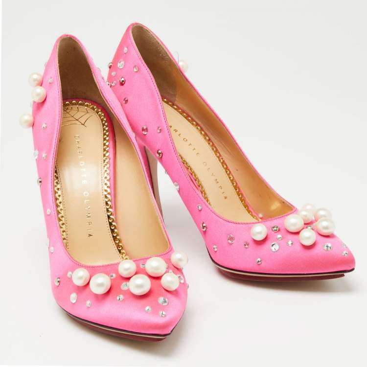 Pre Owned Charlotte Olympia Pink Satin Crystal Pearl Embellished Bacall  Pumps Size 36