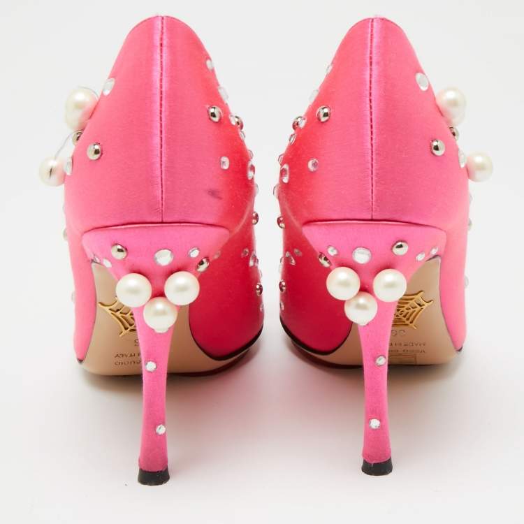 Pre Owned Charlotte Olympia Pink Satin Crystal Pearl Embellished Bacall  Pumps Size 36