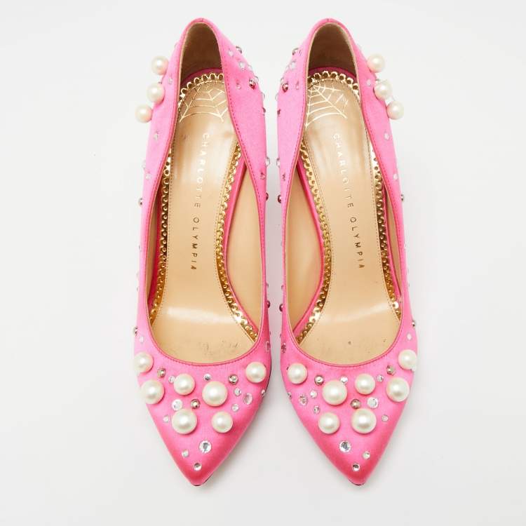 Pre Owned Charlotte Olympia Pink Satin Crystal Pearl Embellished Bacall  Pumps Size 36