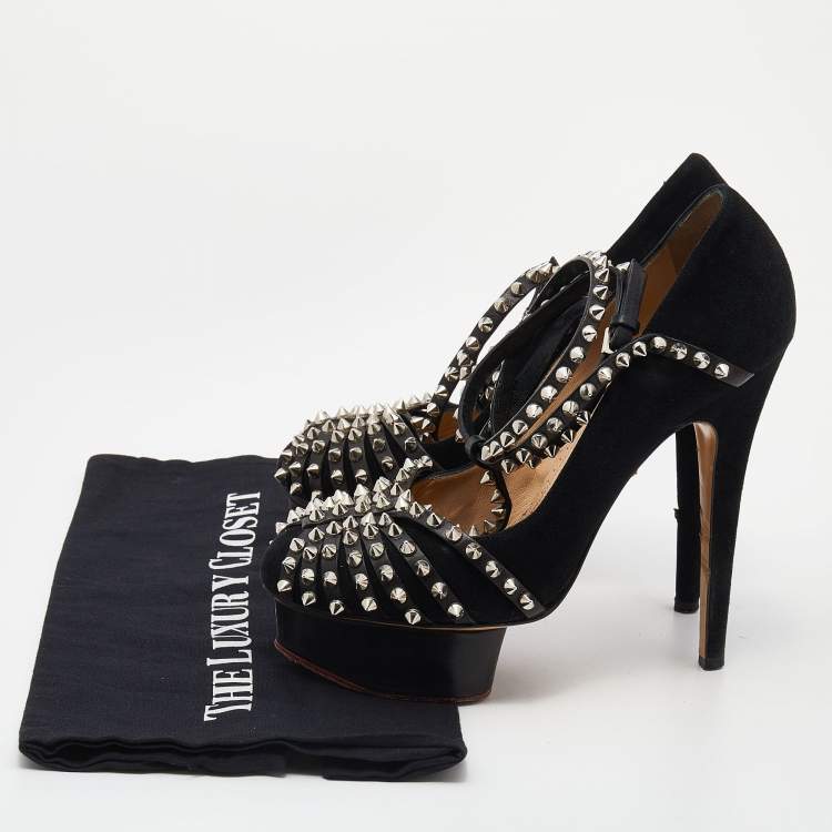 Pre Owned Charlotte Olympia Black Suede Studded Strappy Ankle Strap Platform Sandals Size 38