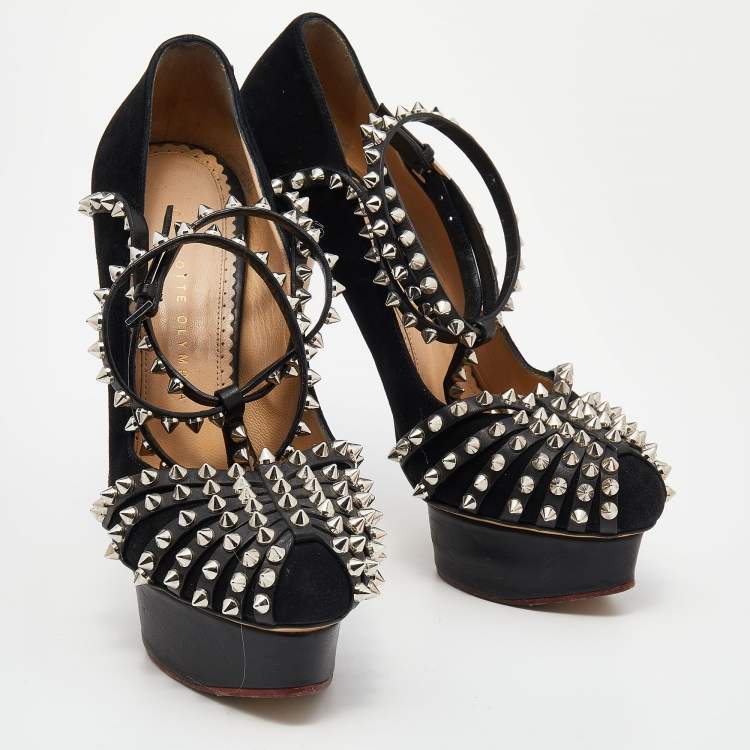 Pre Owned Charlotte Olympia Black Suede Studded Strappy Ankle Strap Platform Sandals Size 38