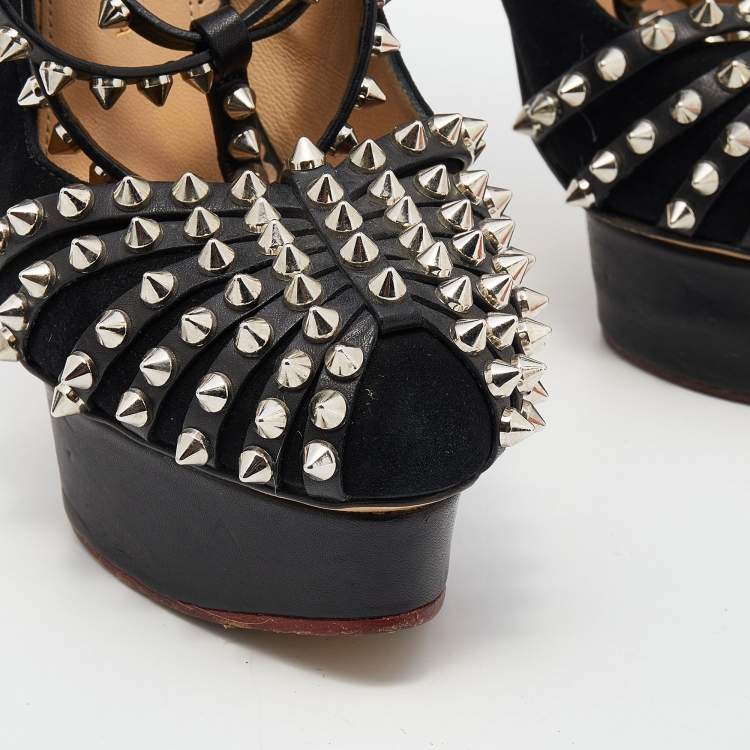 Pre Owned Charlotte Olympia Black Suede Studded Strappy Ankle Strap Platform Sandals Size 38