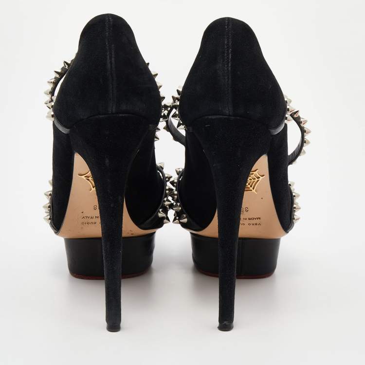 Pre Owned Charlotte Olympia Black Suede Studded Strappy Ankle Strap Platform Sandals Size 38