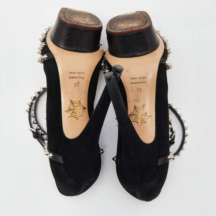 Pre Owned Charlotte Olympia Black Suede Studded Strappy Ankle Strap Platform Sandals Size 38