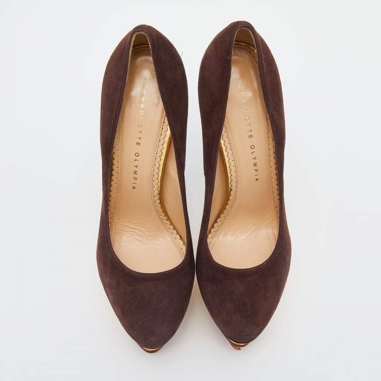 مملوكة مسبقًا Charlotte Olympia Brown Suede Dolly Platform Pumps Size 38.5