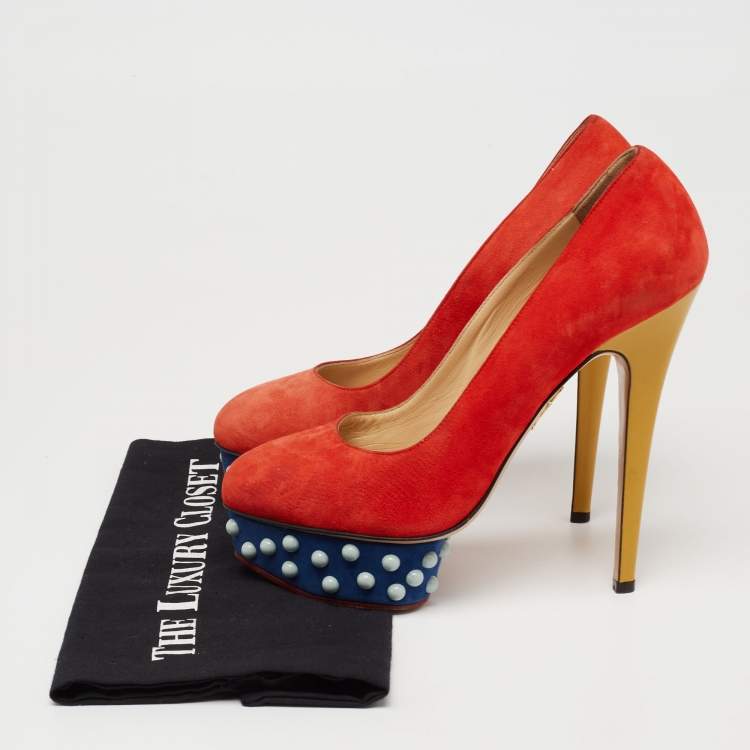 Pre Owned Charlotte Olympia Orange Suede Dolly Studded Platform Pumps Size 39