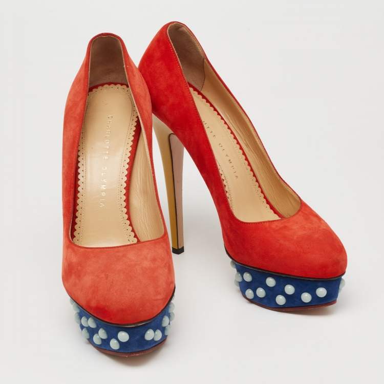 Pre Owned Charlotte Olympia Orange Suede Dolly Studded Platform Pumps Size 39