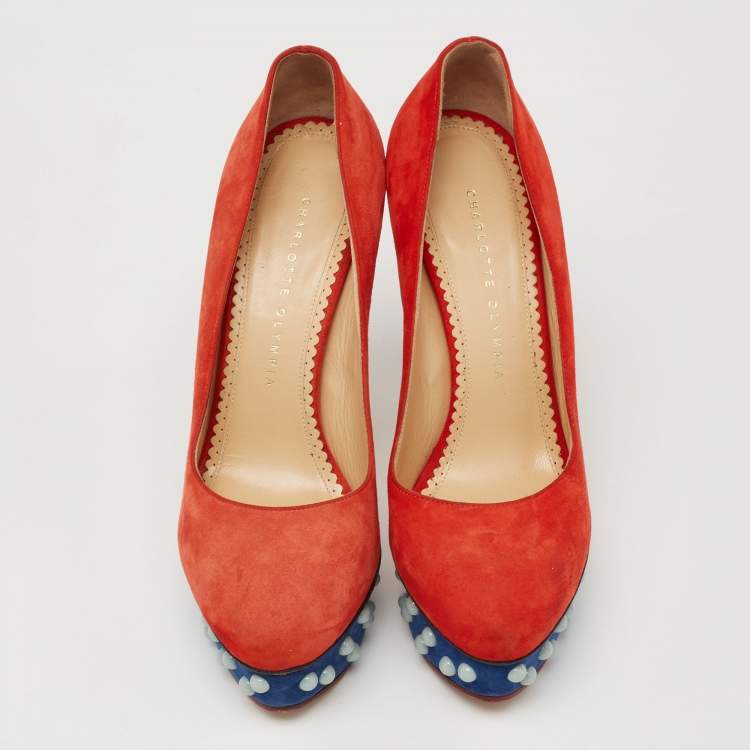 Pre Owned Charlotte Olympia Orange Suede Dolly Studded Platform Pumps Size 39