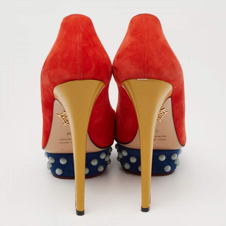 Pre Owned Charlotte Olympia Orange Suede Dolly Studded Platform Pumps Size 39