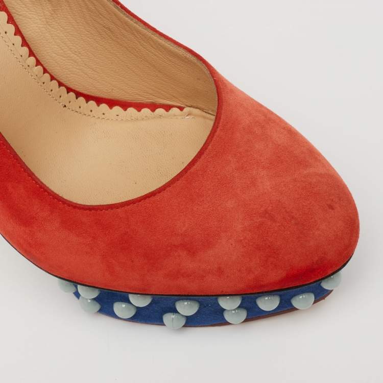 Pre Owned Charlotte Olympia Orange Suede Dolly Studded Platform Pumps Size 39