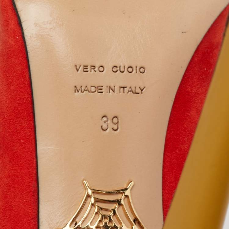 Pre Owned Charlotte Olympia Orange Suede Dolly Studded Platform Pumps Size 39