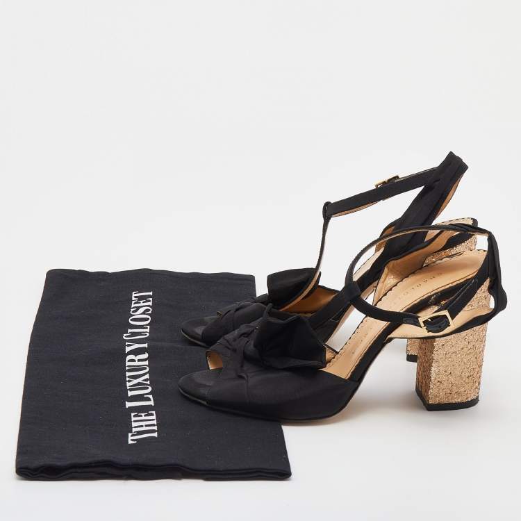 Pre Owned Charlotte Olympia Black Fabric Glitter Block Heel T Strap Sandals Size 37
