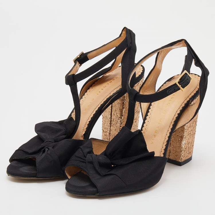 Pre Owned Charlotte Olympia Black Fabric Glitter Block Heel T Strap Sandals Size 37