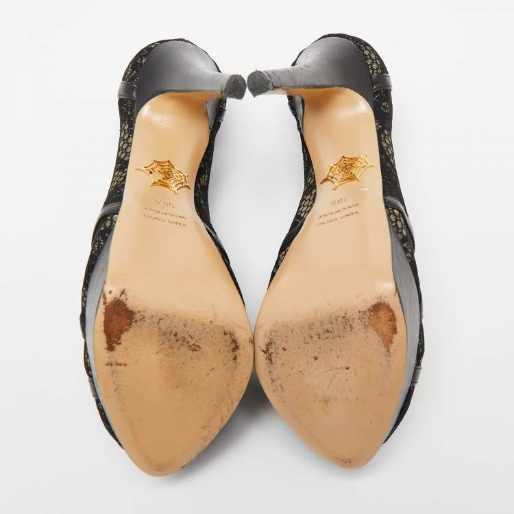 Pre Owned Charlotte Olympia Black Leather And Lace Platform Pumps Size 38.5