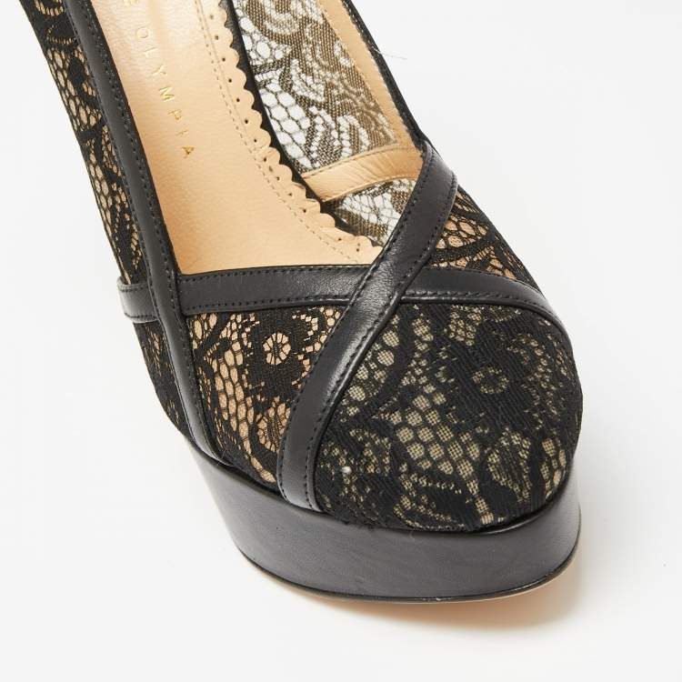 Pre Owned Charlotte Olympia Black Leather And Lace Platform Pumps Size 38.5