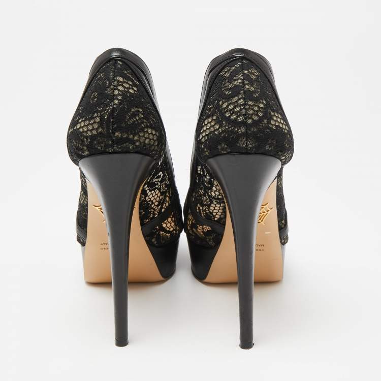 Pre Owned Charlotte Olympia Black Leather And Lace Platform Pumps Size 38.5