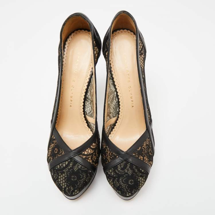 Pre Owned Charlotte Olympia Black Leather And Lace Platform Pumps Size 38.5