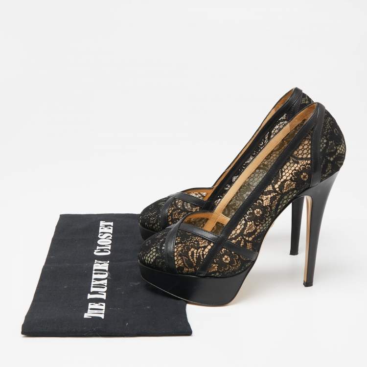 Pre Owned Charlotte Olympia Black Leather And Lace Platform Pumps Size 38.5