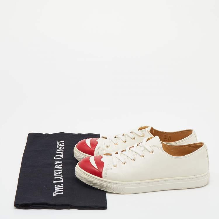 Pre Owned Charlotte Olympia White Leather Kiss me Low Top Sneakers Size 38