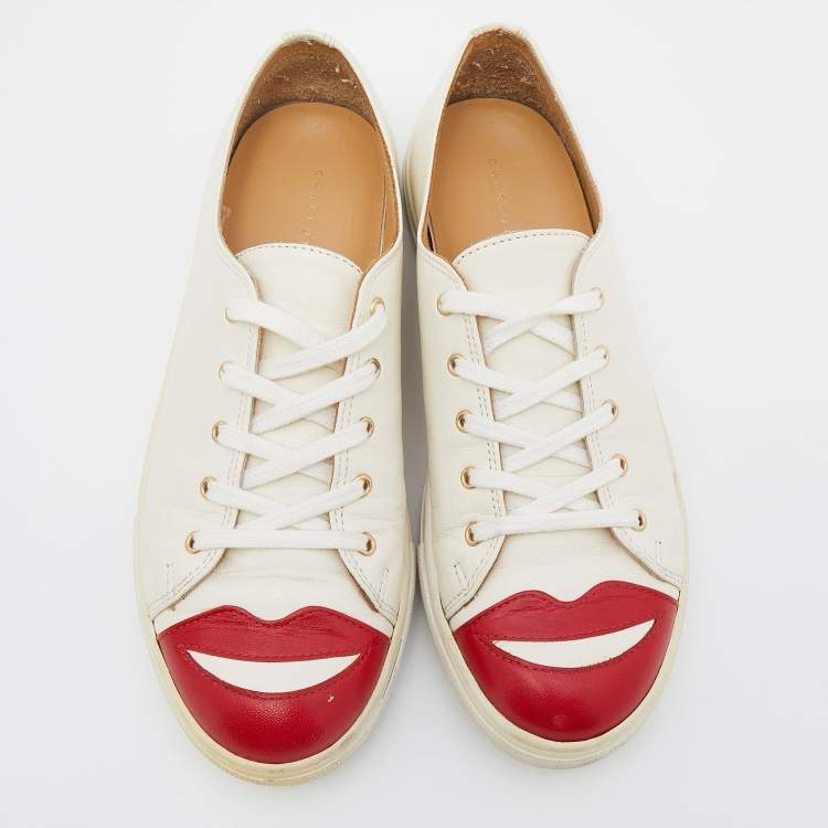 Pre Owned Charlotte Olympia White Leather Kiss me Low Top Sneakers Size 38