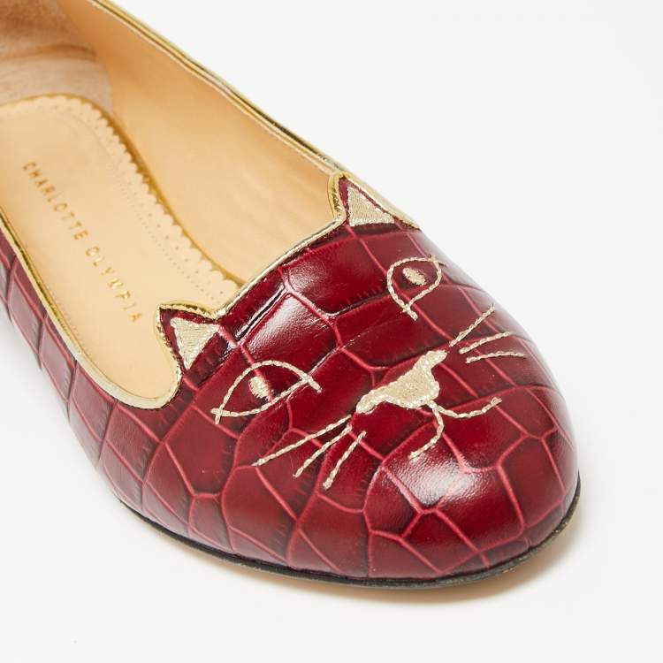 Pre Owned Charlotte Olympia Dark Red Croc Embossed Leather Kitty Ballet Flats Size 37.5 
