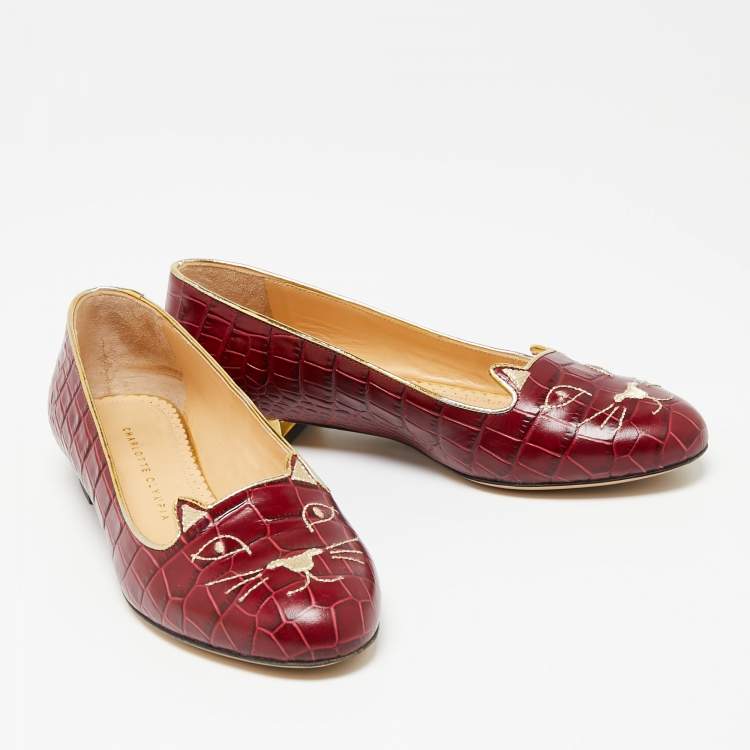 Pre Owned Charlotte Olympia Dark Red Croc Embossed Leather Kitty Ballet Flats Size 37.5 