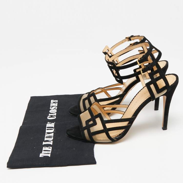 مملوكة مسبقًا Charlotte Olympia Black Suede And Net  Ankle Strap Sandals  Size 41 