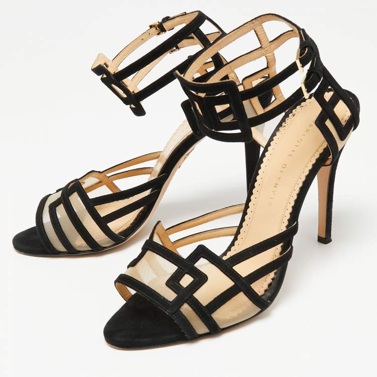 مملوكة مسبقًا Charlotte Olympia Black Suede And Net  Ankle Strap Sandals  Size 41 