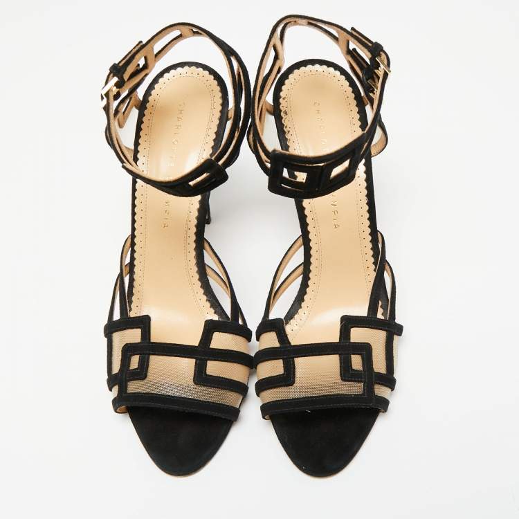 مملوكة مسبقًا Charlotte Olympia Black Suede And Net  Ankle Strap Sandals  Size 41 