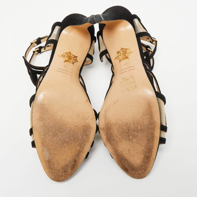 مملوكة مسبقًا Charlotte Olympia Black Suede And Net  Ankle Strap Sandals  Size 41 
