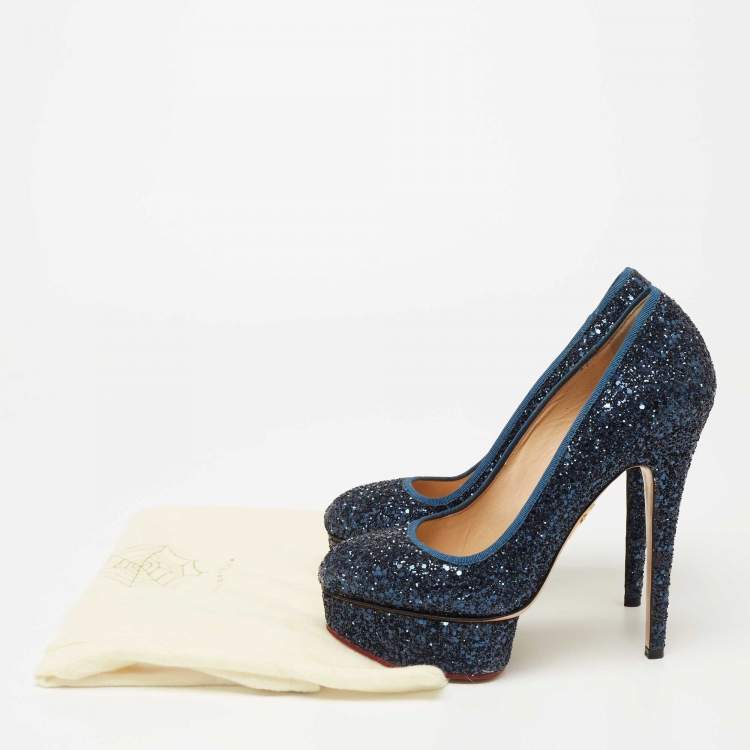 Pre Owned Charlotte Olympia Navy Blue Glitter Priscilla Platform Pumps Size 38