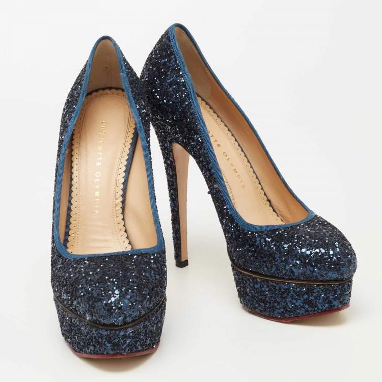 Pre Owned Charlotte Olympia Navy Blue Glitter Priscilla Platform Pumps Size 38