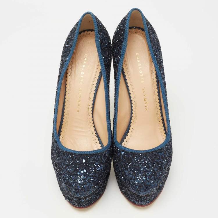 Pre Owned Charlotte Olympia Navy Blue Glitter Priscilla Platform Pumps Size 38
