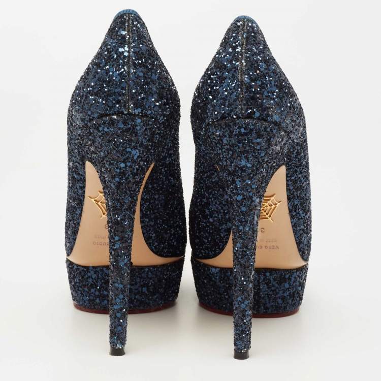 Pre Owned Charlotte Olympia Navy Blue Glitter Priscilla Platform Pumps Size 38