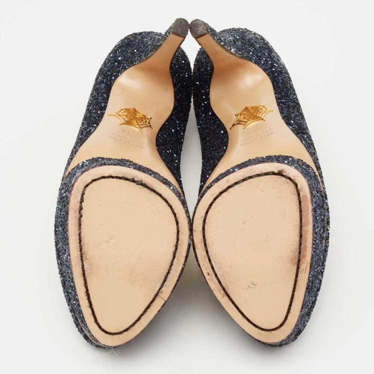 Pre Owned Charlotte Olympia Navy Blue Glitter Priscilla Platform Pumps Size 38