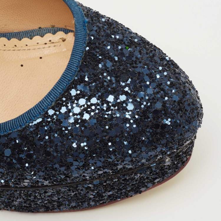 Pre Owned Charlotte Olympia Navy Blue Glitter Priscilla Platform Pumps Size 38