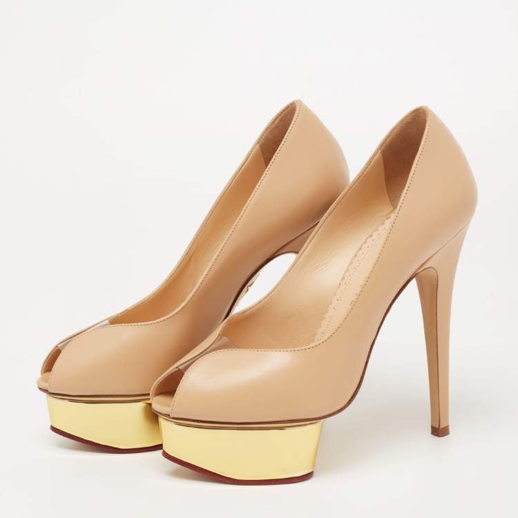 Pre Owned Charlotte Olympia Beige Leather Daphne Platform Pumps Size 35