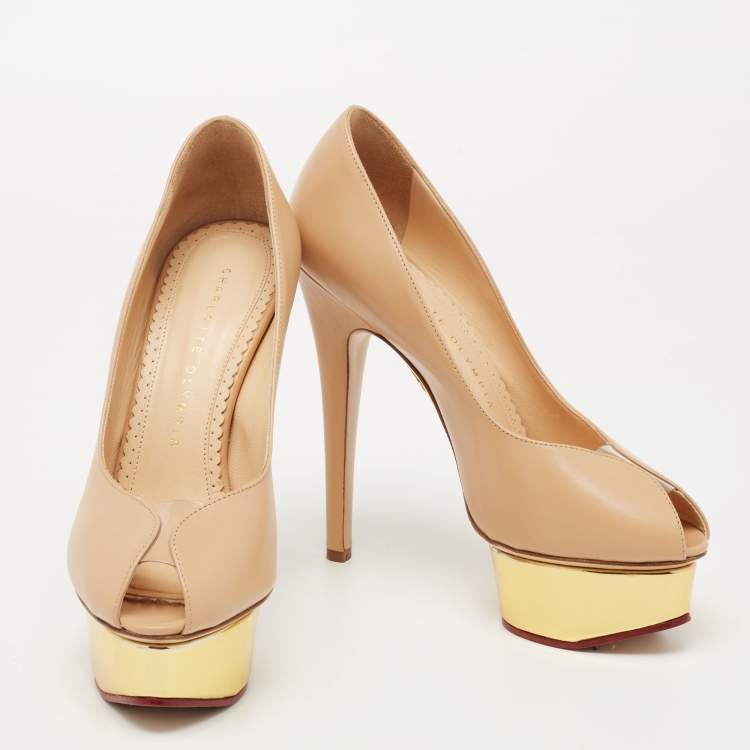 Pre Owned Charlotte Olympia Beige Leather Daphne Platform Pumps Size 35